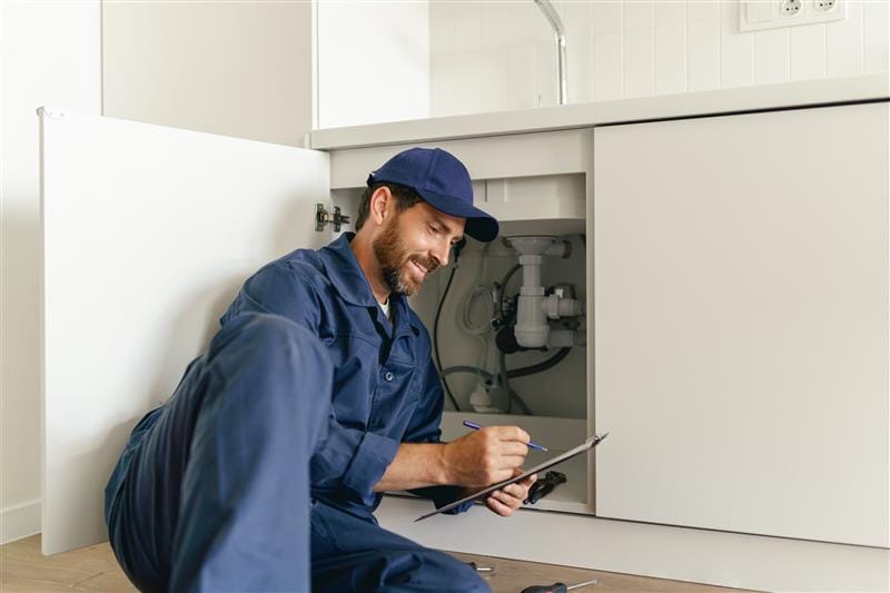 Residential plumber reviewing plumbing repairs in a Chula Vista kitchen