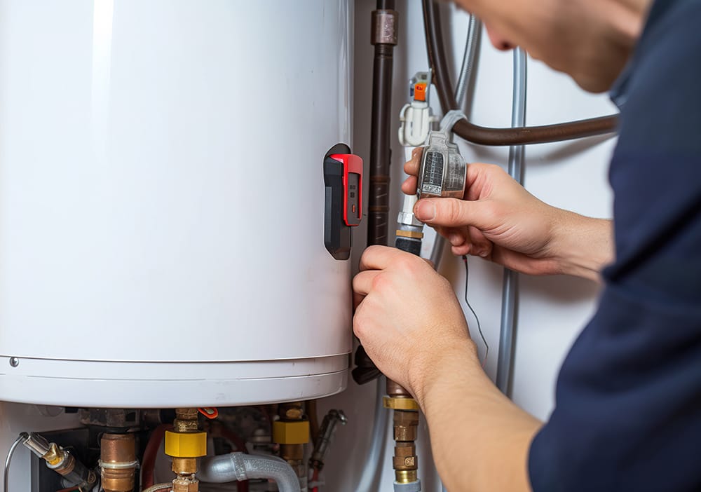 Technician repairing pipes connected to a water heater in Chula Vista